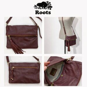 Roots Fold Over Crossbody Bag Maroon Pebbled Leather